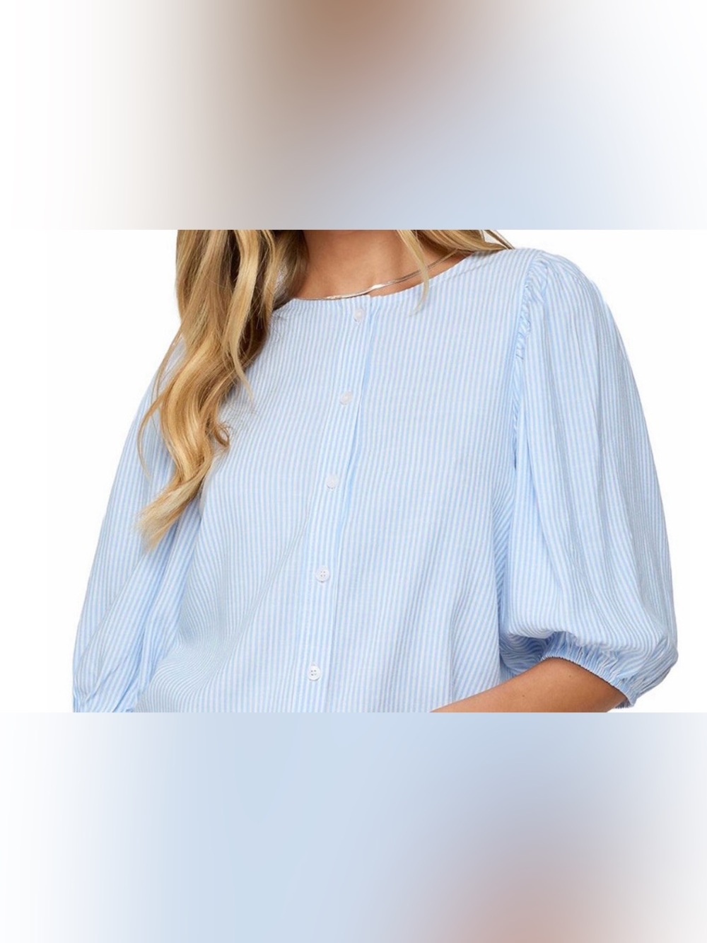 Edikted Blue and White Striped Puff Sleeve Button-Front Blouse
